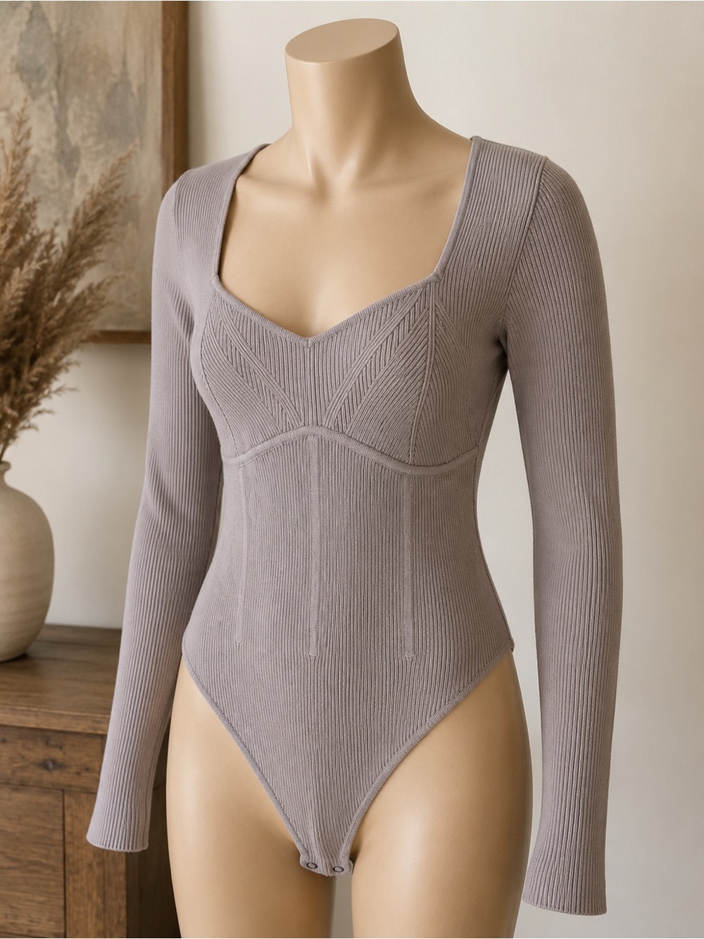 Abercrombie & Fitch Ribbed Sweetheart Long Sleeve Bodysuit Taupe Large